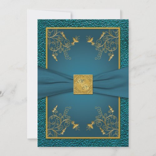 Gold on Teal Monogrammed Wedding Invitation
