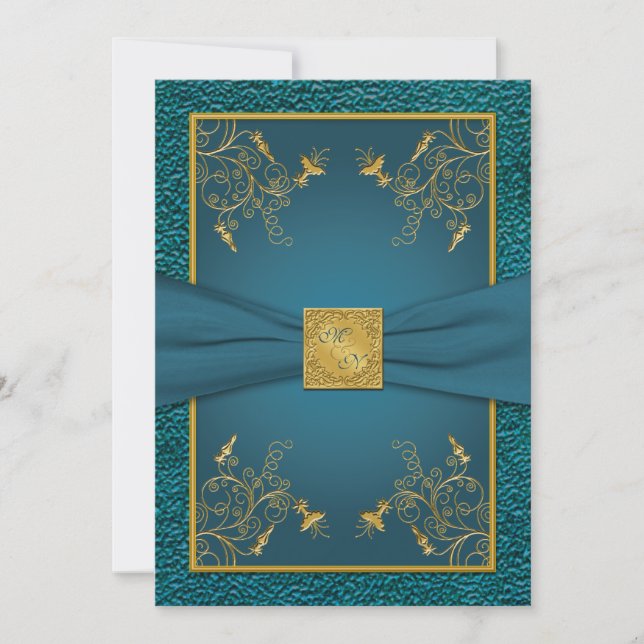 Gold on Teal Monogrammed Wedding Invitation (Front)