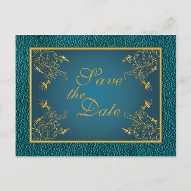 Gold on Teal Save the Date Postcard (Front)