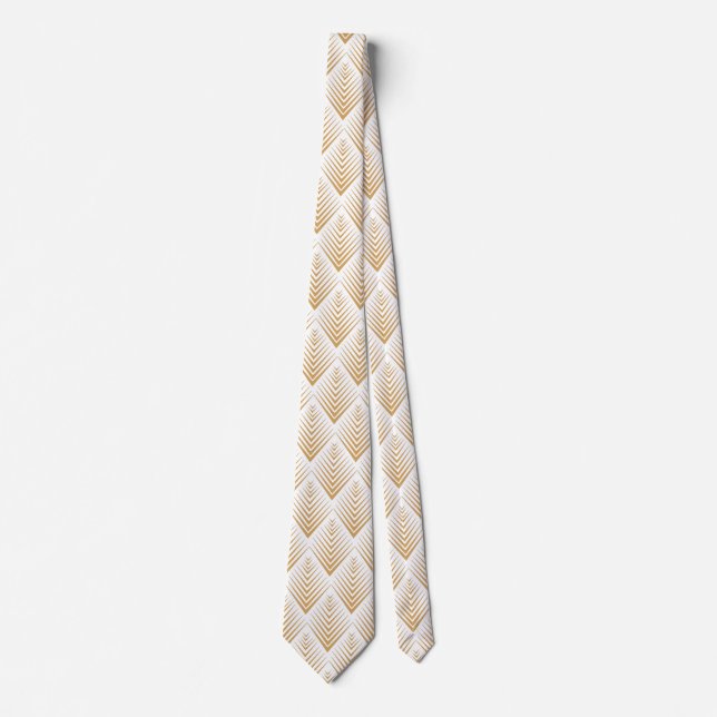 Gold on White Art Deco Fan Flowers Pattern  Neck Tie (Front)