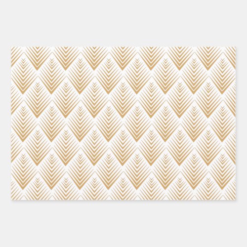 Gold on White Art Deco Fan Flowers Pattern   Wrapping Paper Sheets