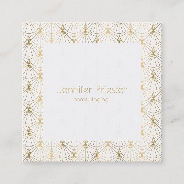 Gold on white art-deco pattern square business card (Front)