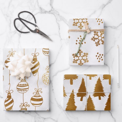 Gold on White Christmas Trees Baubles Snowflakes Wrapping Paper Sheets