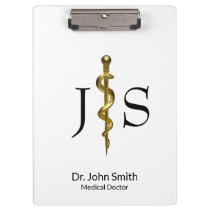 Gold on White Classy Rod of Asclepius Medical Clipboard