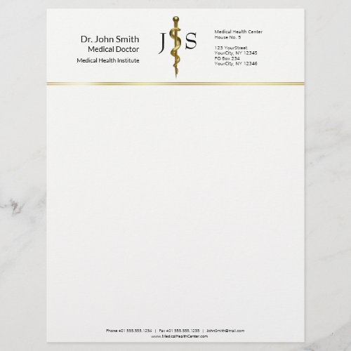 Gold on White Classy Rod of Asclepius Medical Letterhead