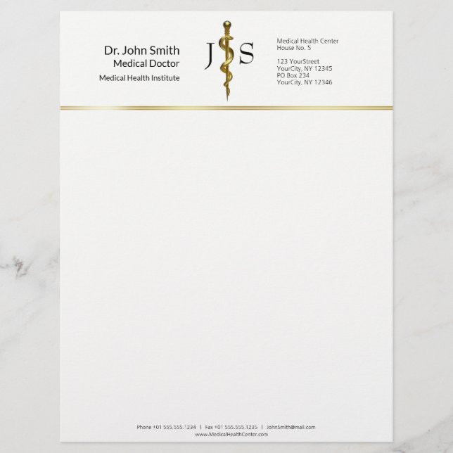 Gold on White Classy Rod of Asclepius Medical Letterhead (Front)