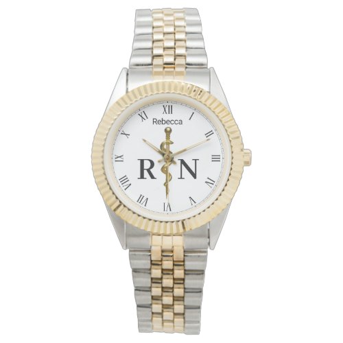 Gold on White Classy Rod of Asclepius Nurse RN Watch