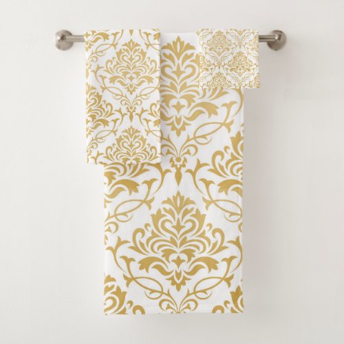 Gold on white floral damask bath towel set