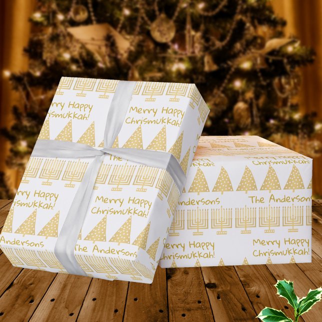 Gold On White Merry Happy Chrismukkah Holiday Wrapping Paper (Add a name for personalized wrapping paper - celebrate Christmas & Hanukkah for inter-faith families)
