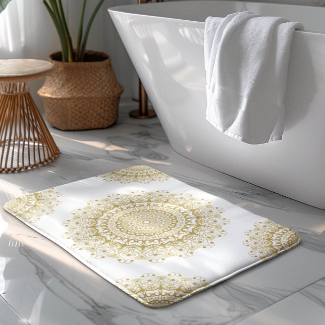Gold on white ornate mandal pattern bath mat (Creator Uploaded)