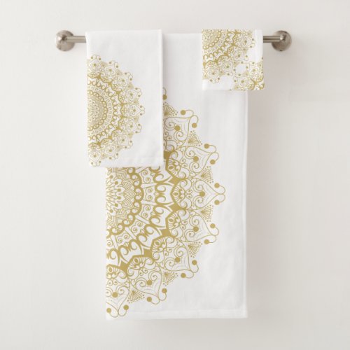 Gold on white ornate mandal pattern bath towel set
