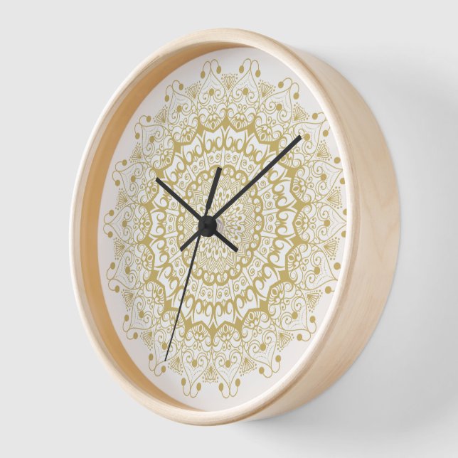 Gold on white ornate mandal pattern clock (Angle)