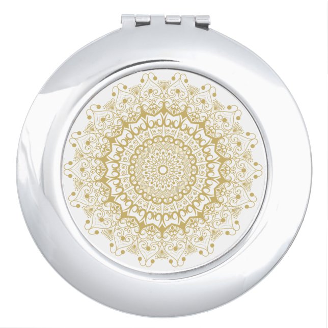 Gold on white ornate mandal pattern compact mirror (Front)