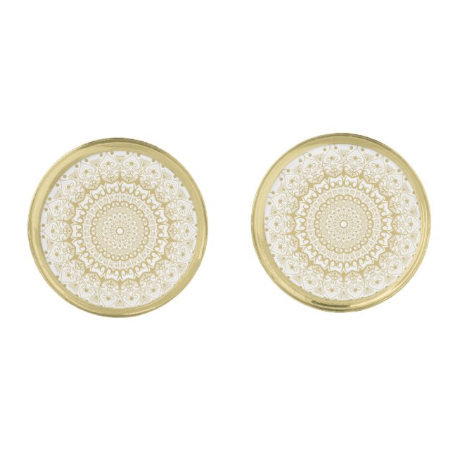 Gold on white ornate mandal pattern cufflinks (Front)