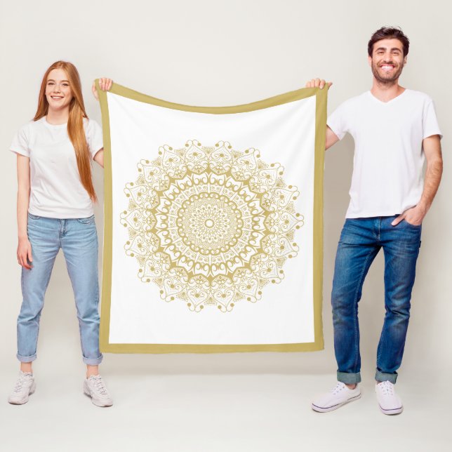Gold on white ornate mandal pattern fleece blanket (In Situ)