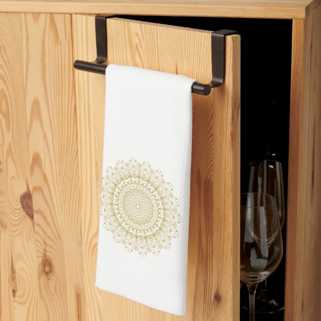 Gold on white ornate mandal pattern kitchen towel (Thirds Fold)