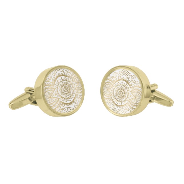 Gold On White Ornate Mandala Circle Cufflinks (Angled)