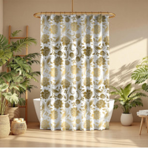 Gold On White Vintage Floral Damasks Pattern Shower Curtain
