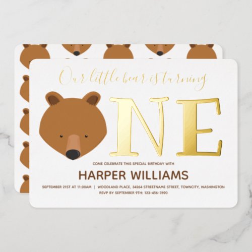 Gold One Animal Bear First Birthday Foil Invitation