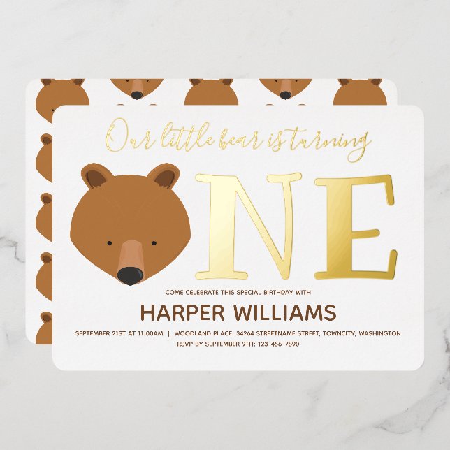 Gold One Animal Bear First Birthday Foil Invitation (Front/Back)