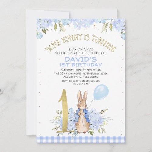 Gold One Blue Floral Peter Rabbit 1st Birthday Invitation