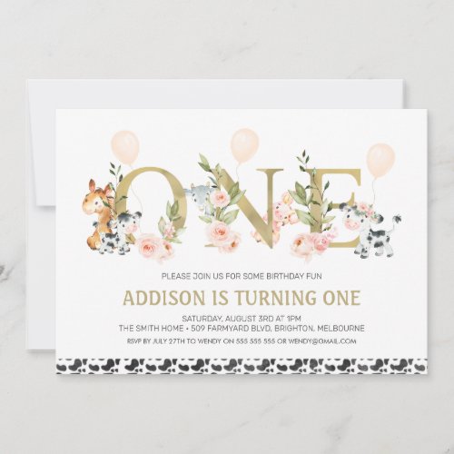 Gold One  Floral Farm Animals 1st Birthday Invitation