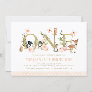 Gold One Floral Woodland Animals 1st Birthday Invitation