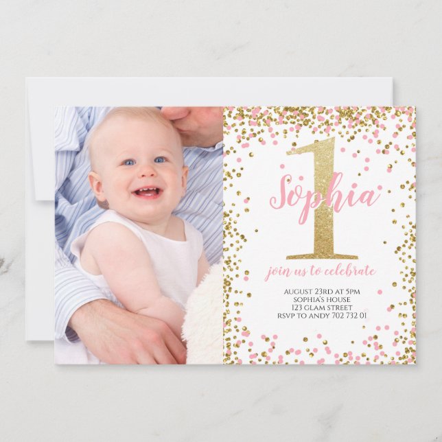 Gold One Glitter Pink Girl First Birthday Photo Invitation (Front)