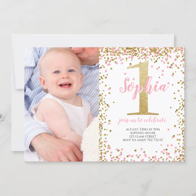 Gold One Glitter Pink Girl First Birthday Photo Invitation | Zazzle