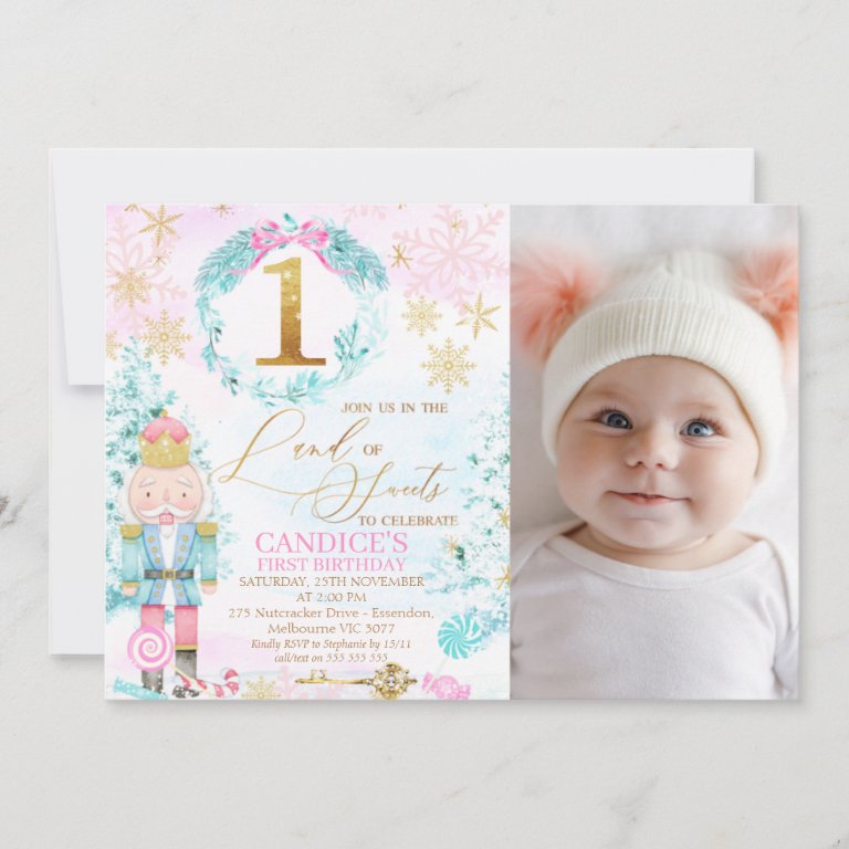 Gold One Land of Sweets Nutcracker Photo Birthday Invitation