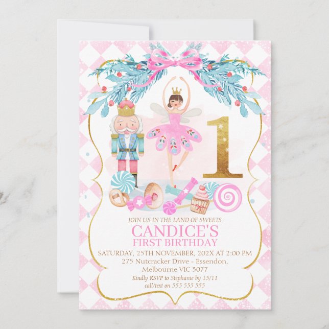 Gold One Nutcracker Land of Sweets Birthday Invitation (Front)