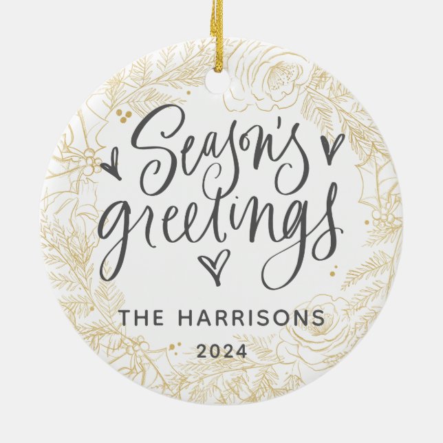 Gold One Photo Season's Greetings Double Sided Ceramic Ornament (Back)