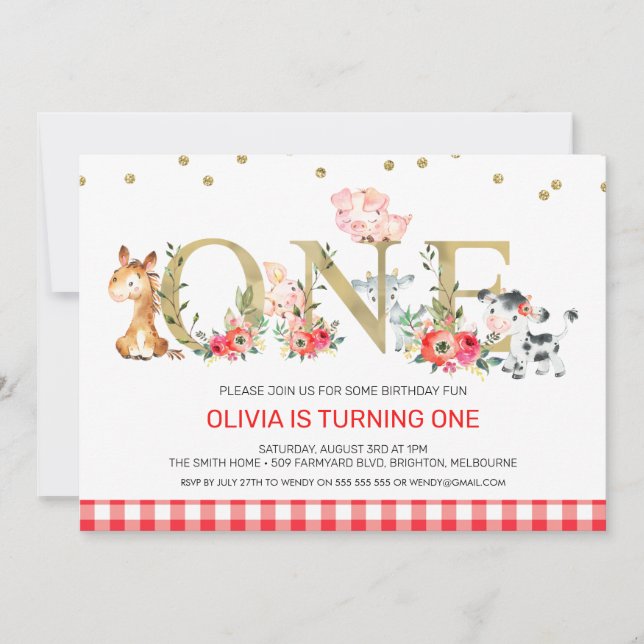 Gold One Red Plaid Farm Animals 1st Birthday Invitation (Front)