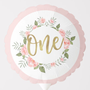 Gold One   Watercolor Pink Floral First Birthday Balloon