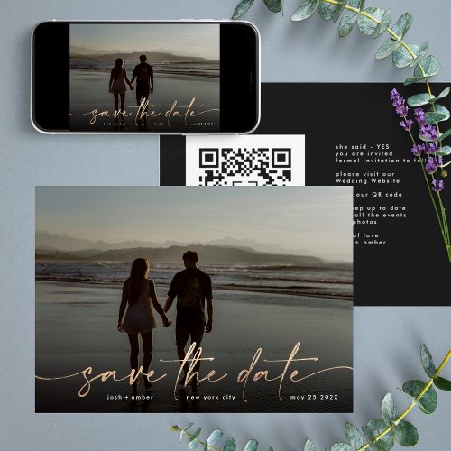 Gold Onyx Black Modern Photo QR Code Save The Date