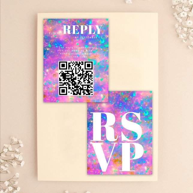 Gold Opal Stone RSVP Cards for Wedding QR Code (Front / Back)