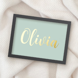 Gold or silver name elegant script pale sea green foil prints