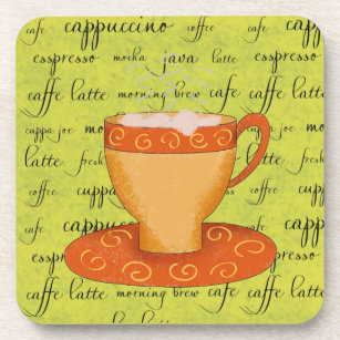 Gold Orange Coffee Art on Lime Green Script Words Drink Coaster
