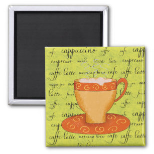 Gold Orange Coffee Art on Lime Green Script Words Magnet