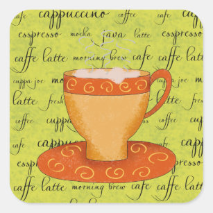Gold Orange Coffee Art on Lime Green Script Words Square Sticker