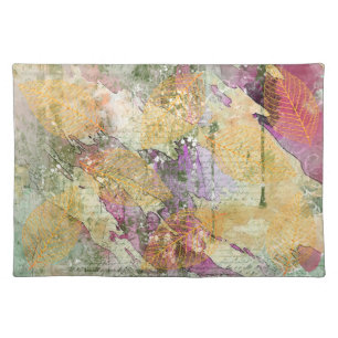 Gold Orange Fall Leaf Leaves on Vintage Decoupage Cloth Placemat