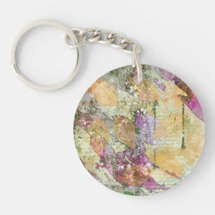 Gold Orange Fall Leaf Leaves on Vintage Decoupage Keychain