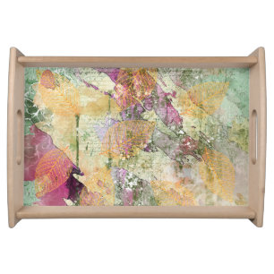 Gold Orange Fall Leaf Leaves on Vintage Decoupage Serving Tray