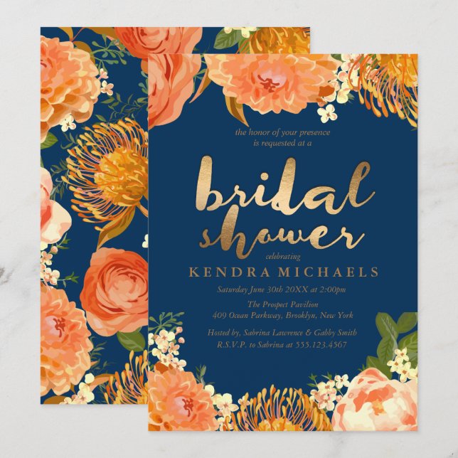 Gold & Orange floral Bridal Shower Invitation (Front/Back)
