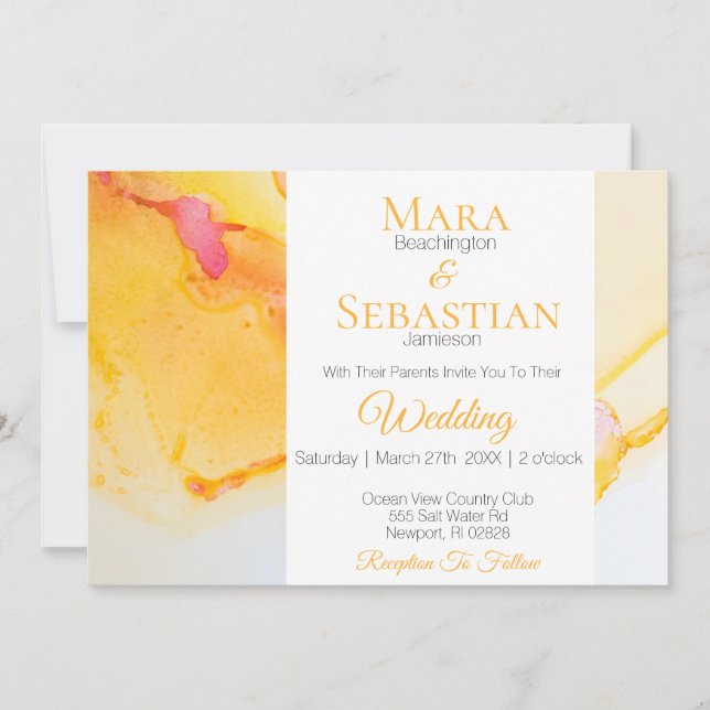 *~* Gold Orange Fuchsia Watercolor Wedding Invitation (Front)