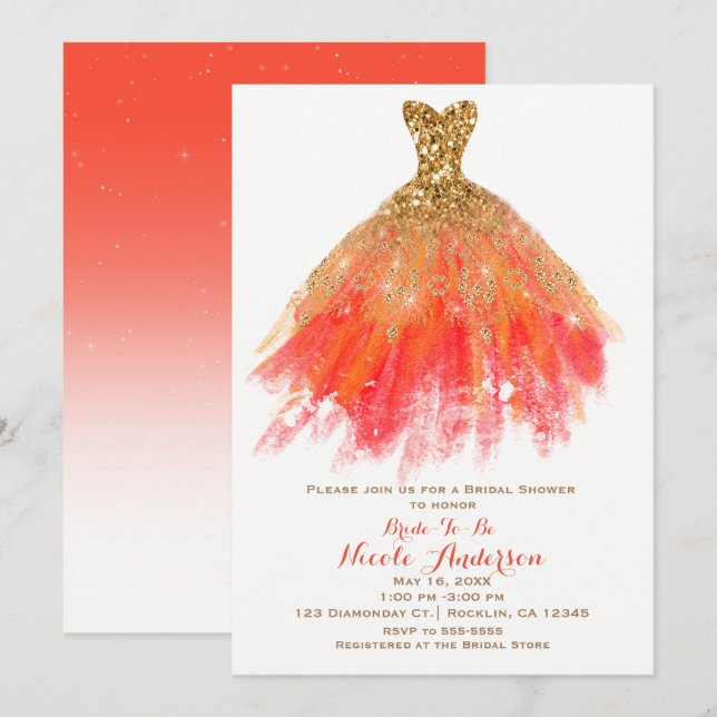 Gold Orange Glitter Glam Dress Fall Bridal Shower Invitation (Front/Back)