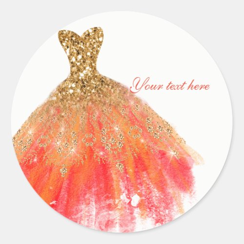 Gold Orange Glitter Glam Dress Fall Party Favor Classic Round Sticker