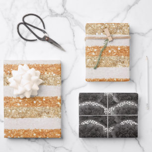 Gold Orange Glitter Stripes Black Floral Birthday Wrapping Paper Sheets