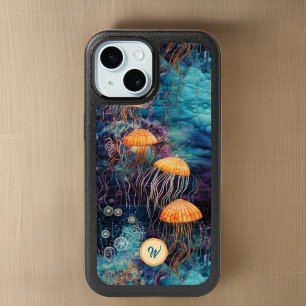 Gold Orange Jellyfish in Ocean w Monogram Initial iPhone 15 Case