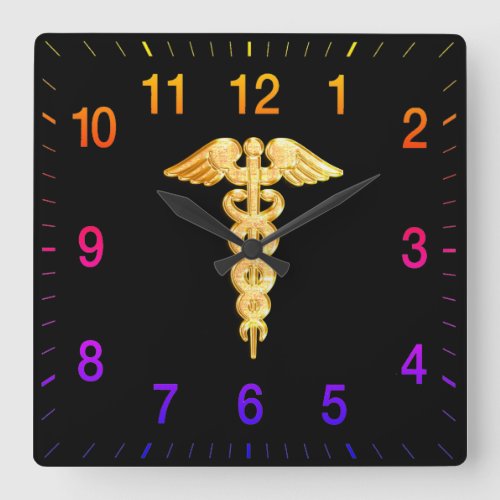 Gold orange medical alert badge square wall clock